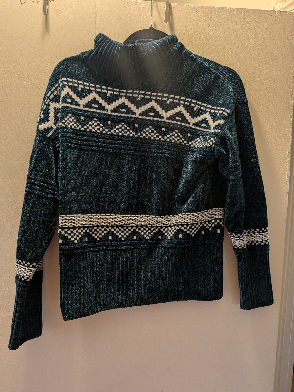 Christian Siriano Teal Chenille Mock Neck Sweater with White Pattern